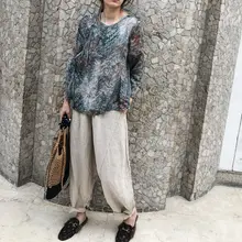 大きいサイズのレトロ民族風プリント長袖シャツ【コットンリネン混・春夏用・和風デザイン】（セットアップ対応）