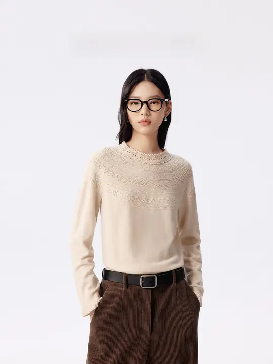 羊毛混紡フェアアイル柄ハンドフックネックニットセーター【秋冬用・女性用】