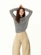 レトロで感あるオフショルダーストライプ長袖Tシャツ【夏用・ゆったり・薄手】