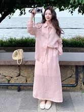 ピンクのUVカットリネンシャツとロングスカートのコーディネート【夏用・感・絶美デザイン】（セットアップ対応）