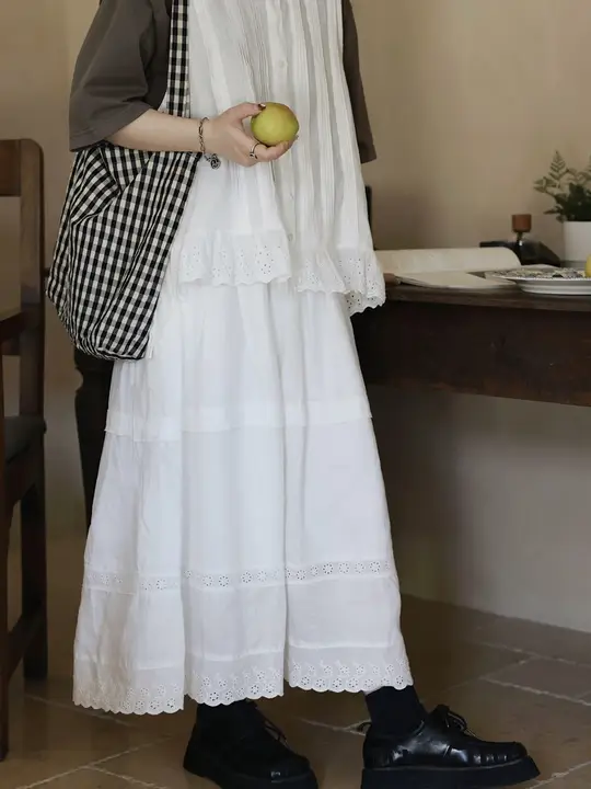 レディース 中長丈 プリーツスカート【高腰・レトロ・フリル付き・大きな裾】