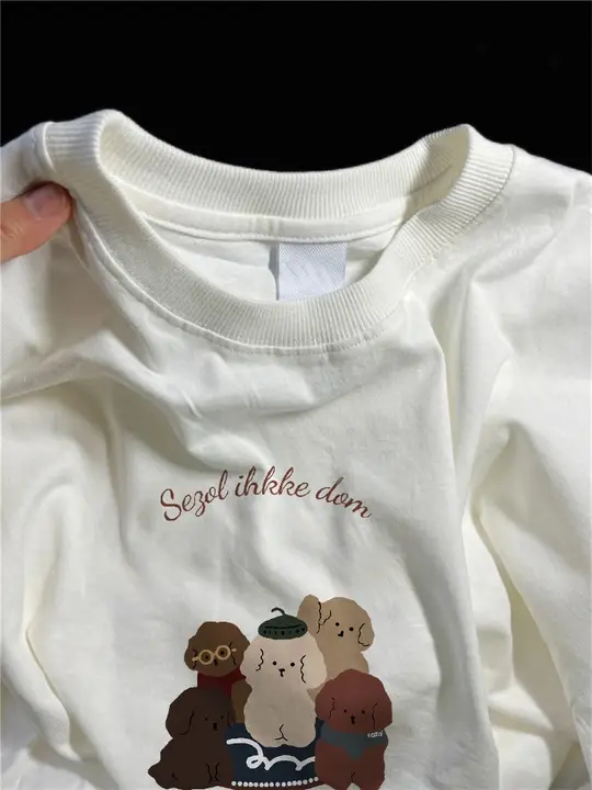 秋冬用 丸首 コットンTシャツ【ホワイト・カートゥーンプリント・フィット・長袖】