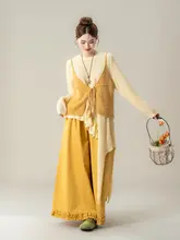 黄色のニットキャミソール【不規則なフリルデザイン・涼しげ・春用・クールコーデ】（セットアップ対応）