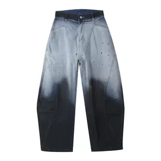 ユニセックス レトロ風 グラデーションデニムパンツ【ゆったりとした直筒シルエット・カジュアルスタイル・カップル向け】（セットアップ対応）