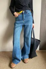 暖かい加絨ワイドレッグフレアデニムパンツ【高腰・スリム効果・冬用】