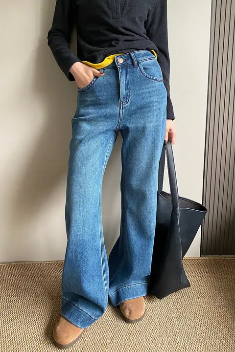 暖かい加絨ワイドレッグフレアデニムパンツ【高腰・スリム効果・冬用】