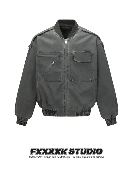 オリジナル ワークジャケット メンズ チェック柄 スタンドカラー 大型ポケット ウォッシュ加工 ヴィンテージ アメリカン風 ストリート 秋 冬「FXK」