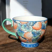高品質アメリカンカントリー風陶器製コーヒーカップ【手描き・デザインカップ・ミルク用】