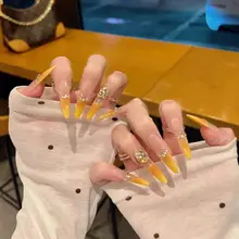 ネイルチップ フレンチネイル チークネイル ぼかし ロング イエロー 夏 リゾート 透明感 ハンドメイド