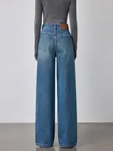 ゆったりとした印象のハイウエストワイドデニムパンツ【ブルー・レトロデザイン・秋用】