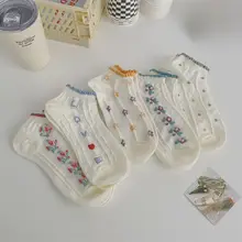 レディース 白色 薄手コットン クォーターソックス【小花柄・浅口・かわいいデザイン】