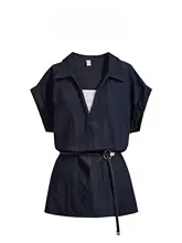 デニム風デザインのウエストシェイプシャツ【女性用・短袖・重ね着対応】（セットアップ対応）