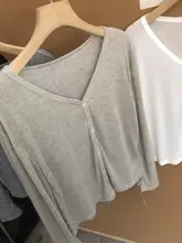 極上の柔らかさのVネック短めレディース防晒シャツ【透け感・長袖・オーバーサイズ】