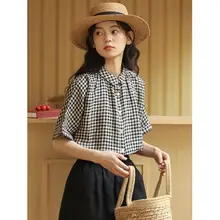 レトロチェック柄のコットンリネン半袖シャツ【夏用・女性用・デザイン性に優れた】