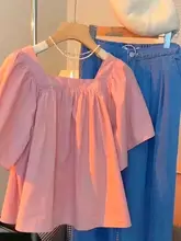 皺プリーツデザインのゆったりシフォンシャツ【夏用・フレンチスタイル・ショートスリーブ】