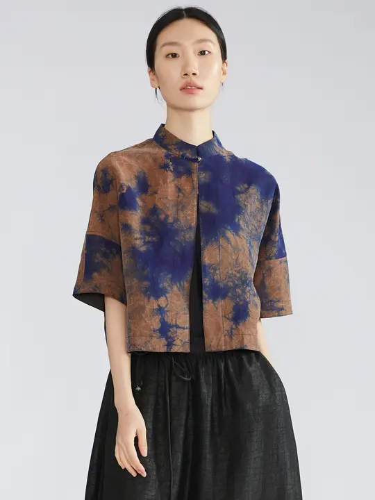 リバーシブルの真 silk カーディガン【裂け目染め・春用・国風茶服】