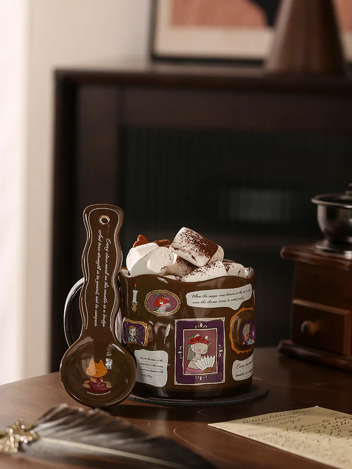 猫のギャラリーのファンタジーストーリー！高品質なレトロデザインのセラミックマグカップ【家庭用・カフェスタイル】