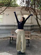 秋用 美式レトロカーキ色ワイドフィットカーゴパンツ【デザイン・女性用】