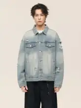 水洗い加工でヴィンテージ感漂う大破壊デニムジャケット【ゆったりシルエット・ストリートファッション】