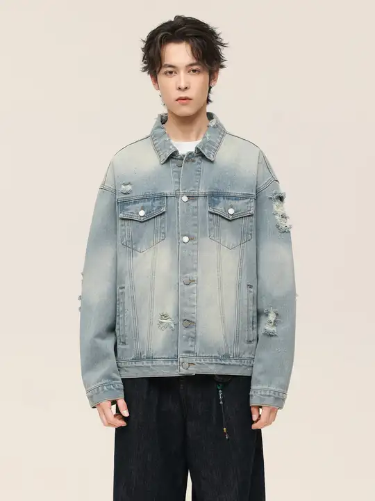水洗い加工でヴィンテージ感漂う大破壊デニムジャケット【ゆったりシルエット・ストリートファッション】