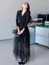 ロングニットワンピース レディース チュール切り替え ブラック インナー きれいめ 春 秋