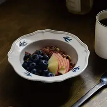 フランス風レトロデザイン 燕子花柄 陶器製オーバルプレート【フルーツ・デザート用】