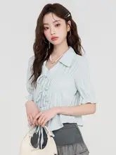 フランス風ヴィンテージデザインのバンド付きショートスリーブシャツ【女性用・夏用・個性的なデザイン】