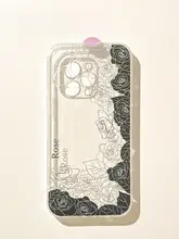 透明な黒いバラデザインのiPhoneケース【Apple社製15、14 Pro Max、13、12、11対応】