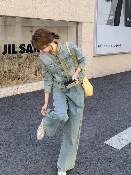 セットアップ 2点セット レディース デニム ワイドパンツ バイカラーパイピング ヴィンテージ きれいめ 上品 韓流 春 秋