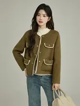 グリーンのラウンドネックショートダブルフェイスカシミヤコート【冬用・保温・ゆったり】