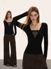 長袖Tシャツ レディース インナー レース切替 秋 フィット 着痩せ セクシー 大人可愛い