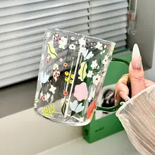 大容量のガラス製水杯【花柄・デザインカップ・刻み目付き】