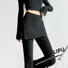 ブラックのフェイクツーピーススーツ風ブーツカットパンツ【春秋用・ 小柄向け・フィット感】（セットアップ対応）