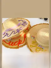 アルファベットリボン付き編み込み帽子【夏用・大きなツバ・日よけ・ビーチ向け】