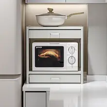 ホワイトキッチン用電子レンジ収納ラック【ダブル引き出し・多機能・コンパクト】