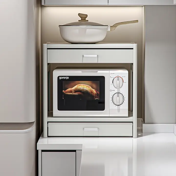 ホワイトキッチン用電子レンジ収納ラック【ダブル引き出し・多機能・コンパクト】