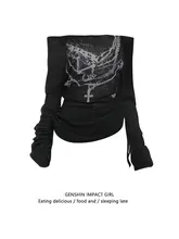 レディース 秋用ワンショルダーTシャツ【アメリカンヴィンテージ風・長袖・透け感あり・ドローストリング付き】