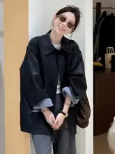 ボタン付きブラックジャケット【秋用・ルーズフィット・着やせ効果】