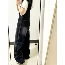 美式ヴィンテージ風 ブラックデニムサロペットパンツ【フィット・工事現場スタイル・女性用】（セットアップ対応）