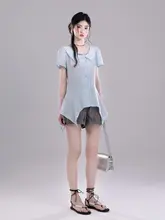 不規則な裾デザインのショートスリーブシャツ【天青空ブルー・幾何学模様】