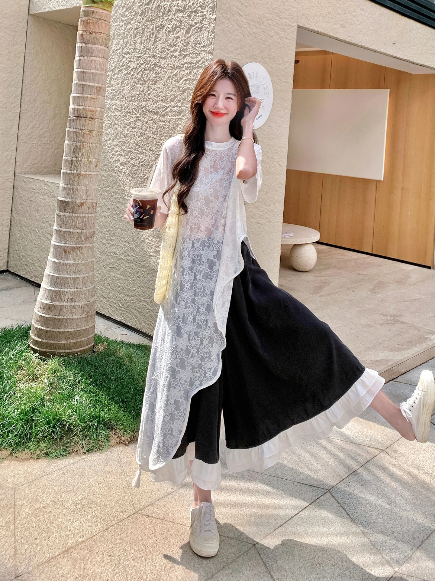 提花デザインのフリルブラウスとスカートパンツセット：夏用高級カジュアルスタイルの実用性とサイズガイド
