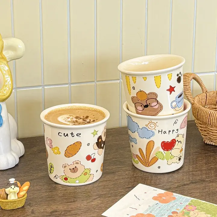 かわいいデザインのカートゥーンマグカップ【陶製・家庭用・カフェ用】（セットアップ対応）