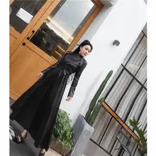 ハイネックデザインのタイトフィットPUレザーワンピース【長袖・ロング丈・バインディングデザイン】