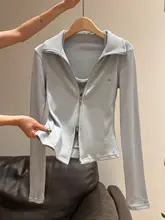 撞色の翻領ダブルジッパー掛けネックバンド付きワンピース風長袖ニットカーディガン【秋にぴったり】（セットアップ対応）