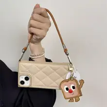 レトロダイヤモンドパターンのトーストチャーム付きiPhoneケース【適用機種：iPhone 15 Pro Max・iPhone 14 Pro・iPhone 13 Pro Max・iPhone 12 Pro】【カーキ】
