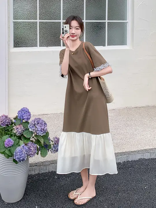 カラーコンビネーションのTシャツワンピース【女性用・ロング・フィッシュテール・夏用・体型カバー・カジュアル】