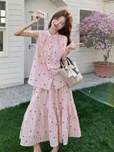 ピンクストライプのノースリーブシャツ＆スカート【韓国風・夏用・女性用】（セットアップ対応）