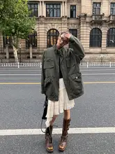洛辺 コットン製 秋季レトロ風ユニセックスワークジャケット【ミリタリーグリーン・ルーズフィット】