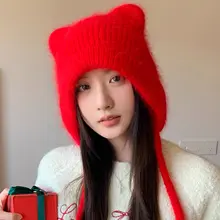 カートゥーン耳付きウサギファー編みニット帽【秋冬用・暖かい・保護耳】