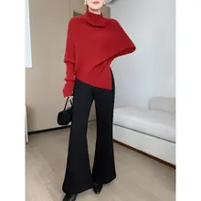 SUSUS レッドハイネック不規則ニットトップス【秋冬用・女性用】